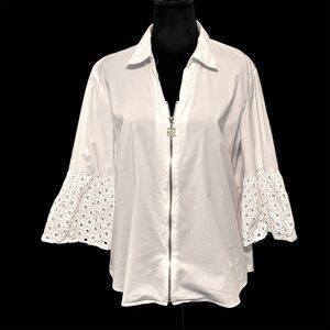 Anne Klein Women’s White Blouse Lace Bell 3/4 Sleeve Full Zip Blouse Size L
